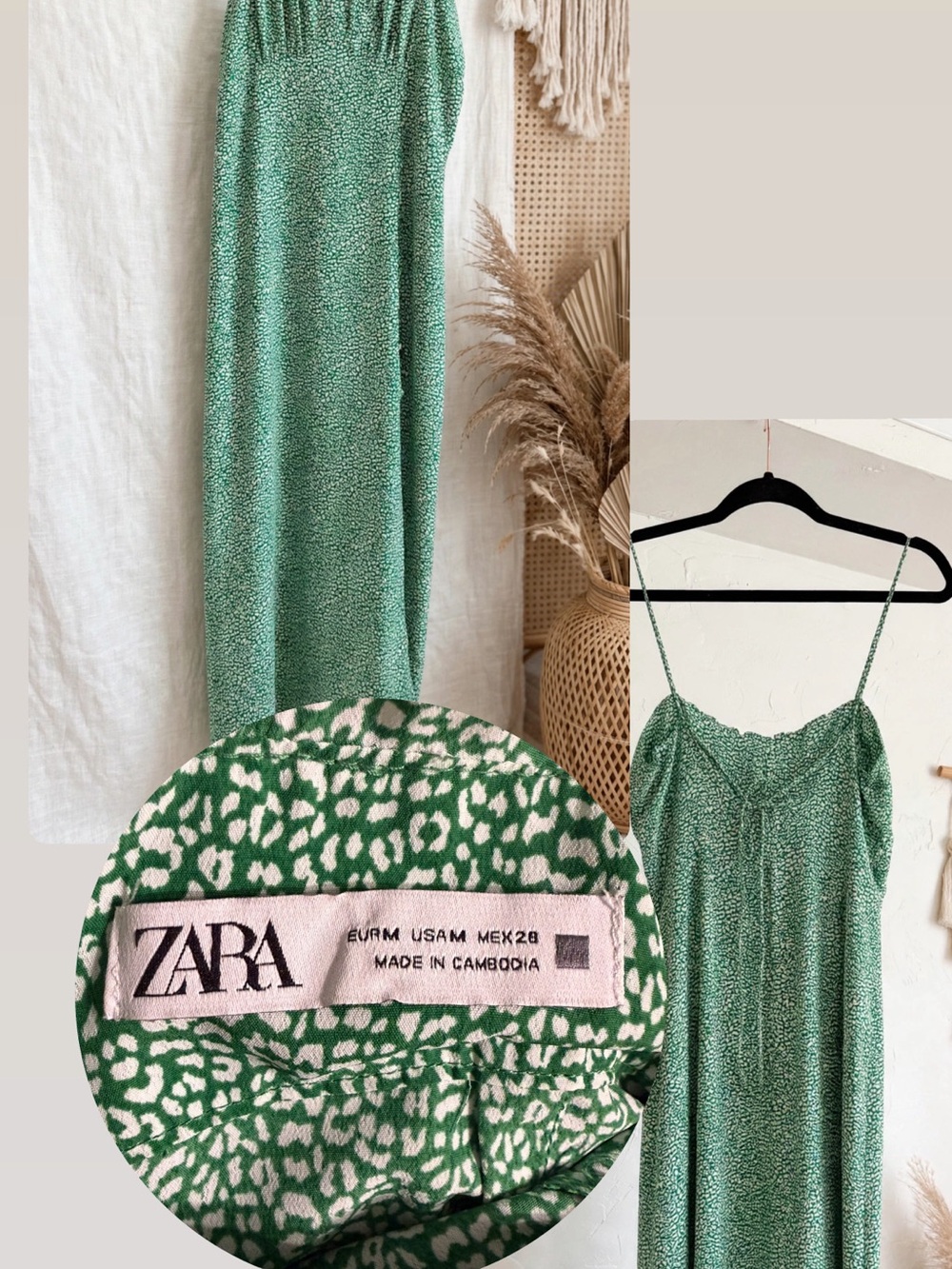 ZARA Green Printed Satin Slip Dress with Spaghetti Straps